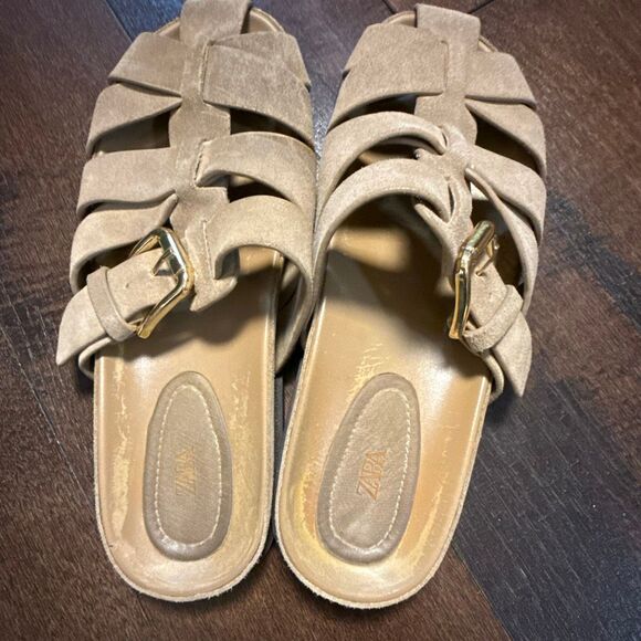 Zara suede cross strap slip on sandals women’s size 38 or 7.5 tan boho hippie Ti - Picture 3 of 7